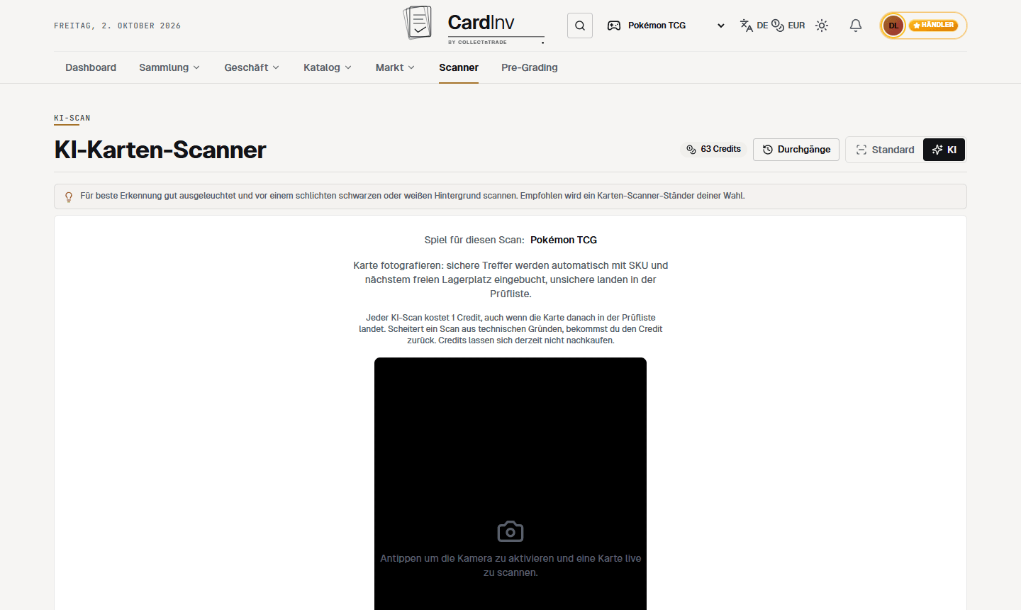 KI-Karten-Scanner: Credit-Stand, Auswahl des Spiels, Hinweise zur Erkennung und das Kamerafeld zum Fotografieren einer Karte.